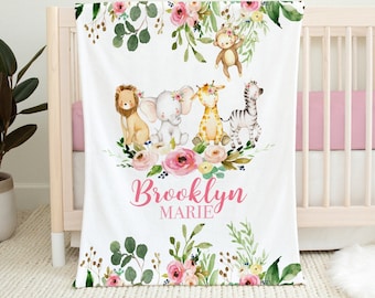 Personalized Baby Girl Blanket - Safari Baby Blanket -Baby Name Blanket -Baby Shower Gift-Personalized Baby Gift - Floral Baby Blanket