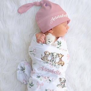 Baby Girl Safari Swaddle Set -Personalized Newborn Blanket Headband Set -Floral Elephant with Pink Bows Baby Gift -Coming Home outfit sbs613