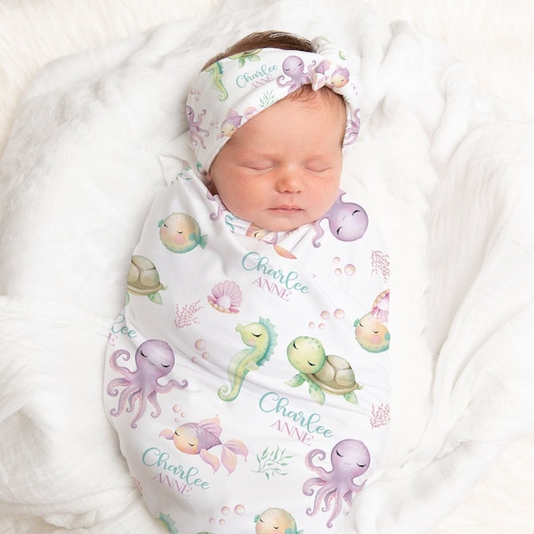 Baby Girl Ocean Swaddle set-  Personalized Baby Girl Blanket Headband Set -Under the Sea Creatures Baby Blanket - Name Announcement SW576