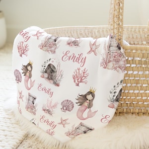 Personalized Mermaid Blanket with Name, Personalized Baby Girl Blanket, Custom Toddler Girl Mermaid Blanket, Ocean Themed Baby Bedding SB608