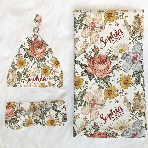 Pink Floral Swaddle Blanket Headband Hat Set personalized Etsy
