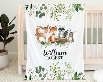 Woodland Baby Blanket- Personalized Baby Boy Blanket - Name Blanket - Baby Shower Gift- Personalized Baby Gift -Woodland Animals Nursery-546