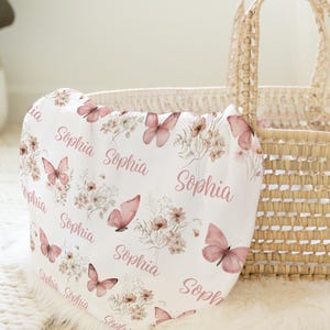 Wildflower & Butterfly Blanket with Name, Personalized Baby Girl Blanket, Custom Toddler Girl Butterfly Blanket, Boho Floral Bedding SB607