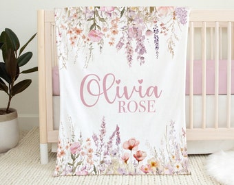 Blush Wildflower Blanket with Name, Personalized Baby Girl Blanket, Custom Toddler Girl Name Blanket, Blush Floral Meadow Baby Blanket SB559