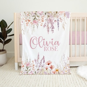 Blush Wildflower Blanket with Name, Personalized Baby Girl Blanket, Custom Toddler Girl Name Blanket, Blush Floral Meadow Baby Blanket SB559