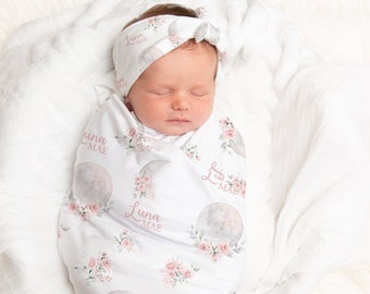 Luna Swaddle Blanket set-  Personalized Blanket Headband Set -Blush Floral Moon Blanket -Going Home Outfit -Baby Girl Blanket SW581