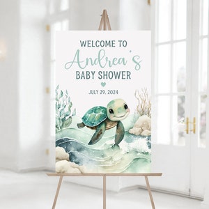 Baby Shower Willkommensschild Meeresschildkröte - Babyparty Willkommensschild am Meer - Dekor - Teal Baby Party Dekorationen Gedruckt Schild-561