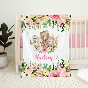 Personalized Baby Girl Blanket - Woodland Animals Baby Blanket - Baby Name Blanket - Baby Shower Gift- Personalized Baby Gift -Baby Keepsake