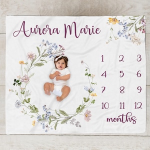 Manta de hito de flores silvestres para niña, manta suave del mes floral, manta personalizada para niña, regalo de baby shower, foto de recién nacido SM553