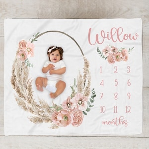 Boho Milestone Blanket Girl Dusty Rose Baby Month Blanket Personalized Baby Girl Shower Gift Baby Girl Boho Nursery With Pampas Leaves Etsy Canada