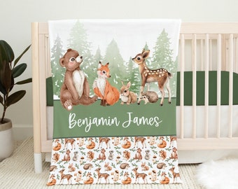 Personalized Woodland Blanket- Custom Boy Blanket - Name Blanket - Personalized Baby Shower Gift- Baby Woodland Animals Blanket -A537