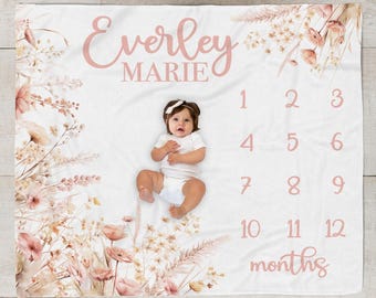 Wild flower Milestone Blanket, Baby Girl Month Blanket, Personalized Baby Girl Blanket Meadow flowers Baby Shower Gift Newborn Photos sm908b