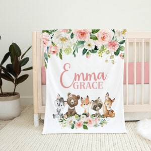 Floral Woodland Animal Blanket -Personalized Baby Girl Blanket with Forest Creatures- Name Blanket -Baby Shower Gift-Toddler Birthday  SB573