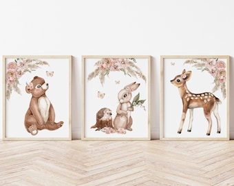 Baby Girl Woodand Nursery Wall Art, Floral Woodland Animal Set of 3 Printable Art Prints, Girl Room Wall Art, Woodland Set of Digital Prints