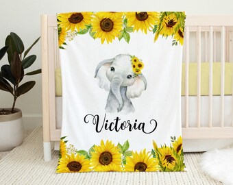 Personalized Baby Girl Blanket - Sunflower Elephant Baby Blanket - Baby Name Blanket Baby Shower Gift- Personalized Baby Gift -Baby Keepsake