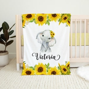 Personalized Baby Girl Blanket - Sunflower Elephant Baby Blanket - Baby Name Blanket Baby Shower Gift- Personalized Baby Gift -Baby Keepsake