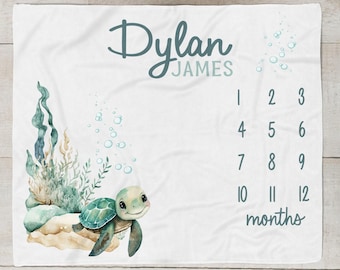 Sea Turtle Milestone Blanket Boy, Personalized Baby Boy Blanket, Ocean Animal baby Month Blanket, Turtle Blanket, Baby Shower Gift SM561