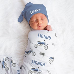 Personalized Dirtbike Swaddle set -Motocross Baby Blanket Hat Set -Baby Boy Shower Gift  -Hospital -Name Announcement -Coming Home SW171