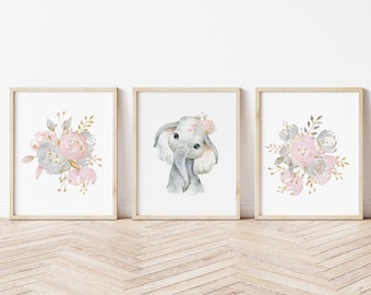 Baby Girl Elephant Nursery Wall Art, Floral Animal Set of 3 Printable Prints, Baby Girl Nursery Wall Art, Elephant Set of Digital Prints