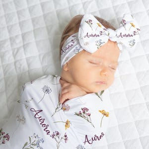 Wildflower Butterfly Swaddle set Personalized Baby Girl Swaddle Blanket Headband Set -Meadow Flowers Blanket -Floral Coming Home outfit
