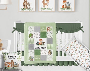 Woodland Quilt Crib Bedding Set  -Personalized Baby Boy Quilt with Woodland Animals-Woodland Nursery Bedding, Fox Baby Blanket with Name 546