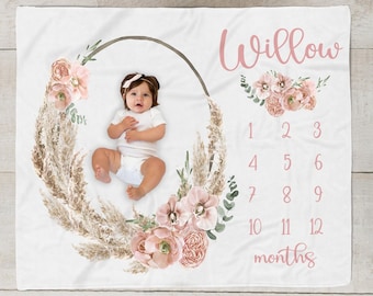 Boho Milestone Blanket Girl, Dusty Rose Baby Month Blanket, Personalized Baby Girl Shower Gift, Baby Girl Boho Nursery with Pampas Leaves