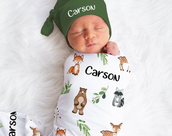 Personalized Woodland Animal Blanket Hat Set - Woodland Baby Shower Gift Name Announcement -Custom Woodland Baby Boy Swaddle - SW111