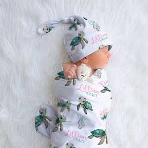 Baby Girl Sea Turtle Swaddle Blanket Headband Set - Ocean Baby Shower Gift Hospital Name Announcement -Personalized Baby Girl Blanket S562