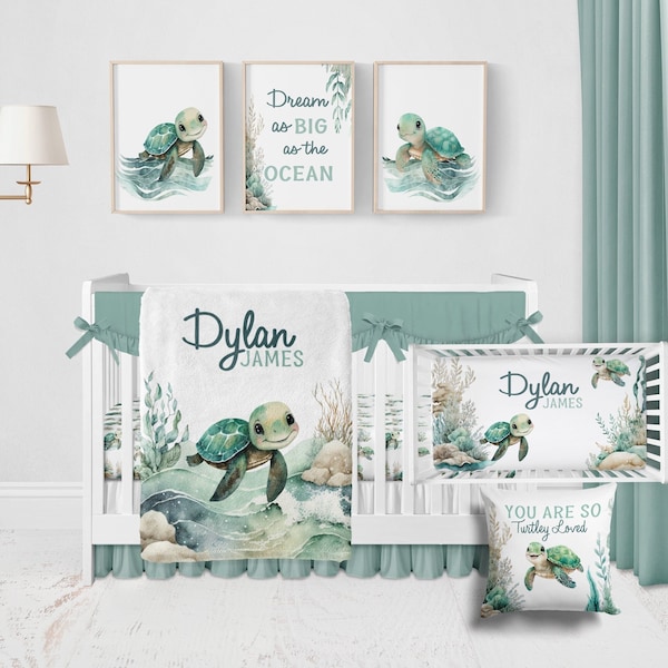 Baby Boy Sea Turtle Crib Bedding Set  -Personalized Baby Boy Blanket with Sea Turtles Nursery Bedding, Under the Sea Baby Blanket  561