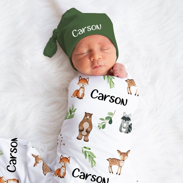 Personalized Woodland Animal Blanket Hat Set - Woodland Baby Shower Gift Name Announcement -Custom Woodland Baby Boy Swaddle - SW111