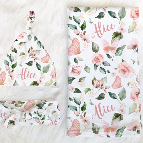 Pink Floral Swaddle Blanket Headband Hat Set personalized Etsy