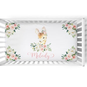 Personalized Deer Crib Sheet. Blush Floral Woodland Sheet - Floral Woodland Nursery Bedding with Deer Custom Baby Shower Gift  Baby Bedding.