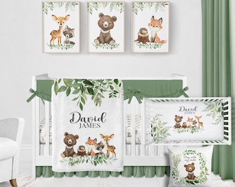 Woodland Crib Bedding Set  -Personalized Baby Boy Blanket with Cute Forest Animals- Personalized Woodland Nursery Decor, Bear Deer Fox 568