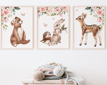 Baby Girl Woodand Nursery Wall Art, Floral Woodland Animal Set of 3 Printable Art Prints, Girl Room Wall Art, Woodland Set of Digital Prints