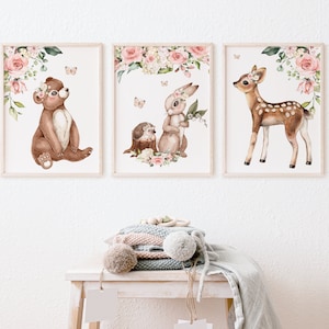 Baby Girl Woodand Nursery Wall Art, Floral Woodland Animal Set of 3 Printable Art Prints, Girl Room Wall Art, Woodland Set of Digital Prints
