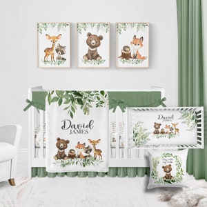 Woodland wieg beddengoed set - gepersonaliseerde deken babyjongen met schattige bosdieren - gepersonaliseerde bos kinderkamer decor, Bear Deer Fox 568