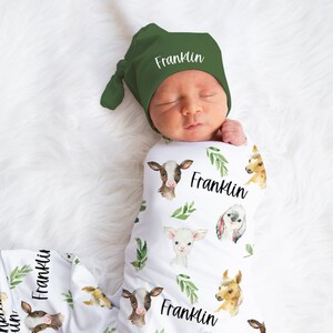Farm Animal Swaddle set- Personalized Farm Blanket Hat Set - Baby Shower Gift Hospital Name Announcement -Custom Country Baby Blanket SW110