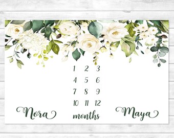 Twin Girls Milestone Blanket, White Rose Floral Baby Month Blanket, Personalized Baby Shower Gift for Twin Girls, Personalized Blanket