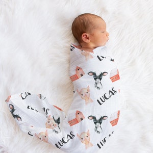 Baby Boy Farm Swaddle Blanket Hat Set with name -Custom Baby Shower Gift Hospital Name Announcement- Personalized Baby Blanket with CowSW127