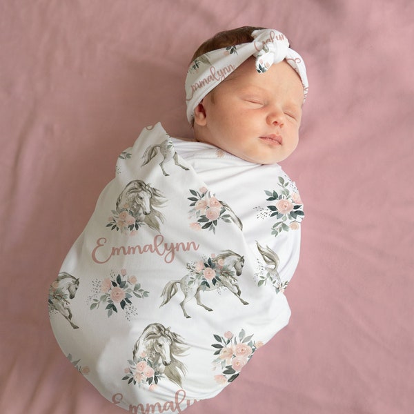 Baby Girl Horse Swaddle set- Custom Blanket Headband Set -Baby Shower Gift Name Announcement -Personalized Baby Girl Blanket SW548