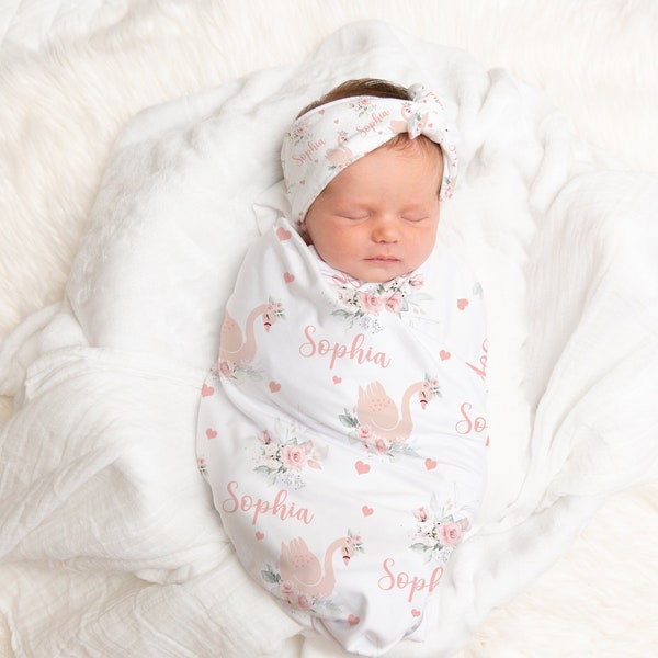 Personnalisé Floral Swan swaddle set- Blush Floral Baby Girl Blanket With Name -Baby Shower Gift Name Announcement -Custom Newborn SBS906
