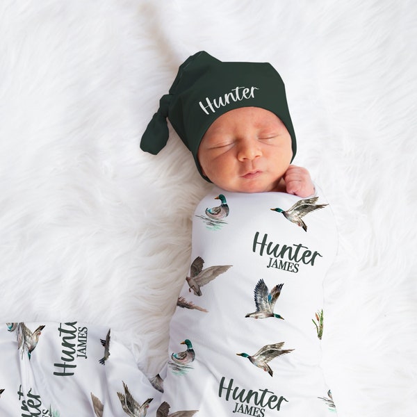 Personalized Mallard Blanket Hat Set -Custom Baby Shower Gift Hospital Name Announcement -Personalized Duck Hunting Baby Boy Blanket - A540