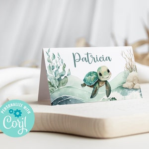 Meeresschildkröte Platzkarten - Benutzerdefinierte Tischkarten - Meeresschildkröte Babypartydekor - Ozean-Themenparty - Namenskarten - Editierbare Karte 561