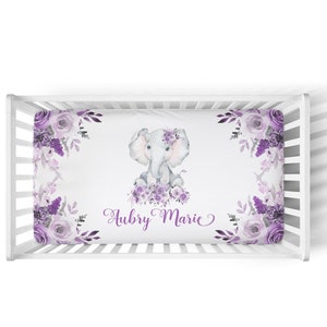 Personalized Elephant Crib Sheet with name. Violet Floral Nursery Bedding Custom Baby Shower Gifts. Elephant Baby Bedding. Elephant Nursery