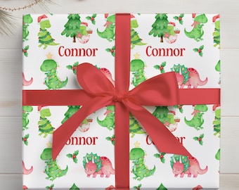 Personalized Dinosaur Christmas Wrapping Paper- Custom Dino Lover Wrapping Paper Custom Boy Gift wrap With Name, Coquette aesthetic H119