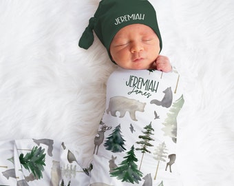 Personalized Woodland Blanket Hat Set -Custom Baby Shower Gift Hospital Name Announcement -Personalized Buck Bear Baby Blanket - SW547