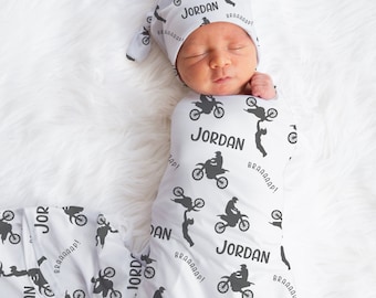Personalisierte Motocross Swaddle Set -Custom Dirtbike Baby Decke Hut Set -Baby Boy Shower Geschenk -Krankenhaus -Namensmitteilung -Nach Hause kommen