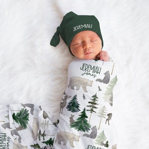 Personalisierte Walddecke Hut Set -Benutzerdefinierte Babypartygeschenk Krankenhaus Name Bekanntgabe -Personalisierte Buck Bär Babydecke - SW547
