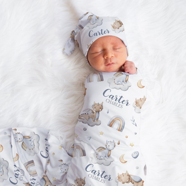 Dragon Swaddle Blanket Hat Set -Custom Baby Gift Hospital Name Announcement -Personalized Baby Boy Blanket with Dragons -Fairytale SW115