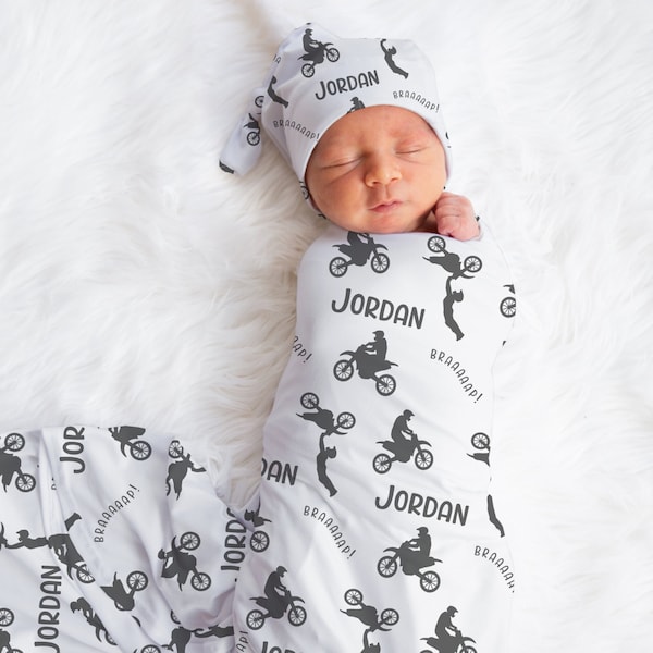 Personalized Motocross Swaddle set -Custom Dirtbike Baby Blanket Hat Set -Baby Boy Shower Gift  -Hospital -Name Announcement -Coming Home